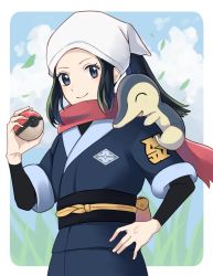 Rule 34 | 1girl, akari (pokemon), black hair, black sash, black shirt, blue eyes, closed mouth, cloud, commentary request, creatures (company), cyndaquil, day, eri (rcn natural13), eyelashes, falling leaves, floating scarf, game freak, gen 2 pokemon, hand on own hip, hand up, head scarf, holding, holding poke ball, jacket, leaf, logo, looking at viewer, nintendo, on shoulder, outdoors, poke ball, poke ball (legends), pokemon, pokemon (creature), pokemon legends: arceus, pokemon on shoulder, ponytail, sash, scarf, shirt, sidelocks, skirt, sky, smile, white headwear