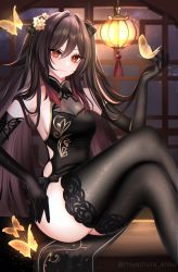 Rule 34 | 1girl, 707arisu, absurdres, ass, black dress, black gloves, black thighhighs, breasts, brown hair, bug, butterfly, cleavage, crossed legs, dress, elbow gloves, flower-shaped pupils, genshin impact, gloves, gradient hair, highres, hu tao (genshin impact), insect, large breasts, long hair, looking at viewer, multicolored hair, red eyes, red hair, solo, symbol-shaped pupils, thighhighs, thighs, twitter username