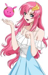 Rule 34 | 00s, bare shoulders, blue eyes, dress, gundam, gundam seed, hair ornament, hairclip, happy, haro, highres, lacus clyne, open mouth, pink hair, simple background