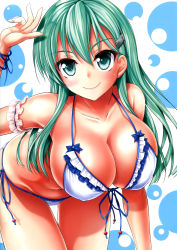 Rule 34 | 10s, 1girl, akizuki akina, bare shoulders, bikini, blush, breasts, cleavage, collarbone, female focus, green eyes, green hair, hair ornament, hairclip, highres, kantai collection, large breasts, leaning forward, legs, long hair, looking at viewer, matching hair/eyes, navel, shiny skin, simple background, smile, solo, standing, suzuya (kancolle), swimsuit, thighs, thong