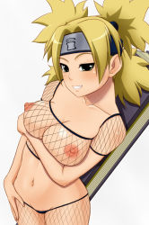 Rule 34 | 1girl, blonde hair, blush, breast hold, breasts, cleavage, clitoris slip, covered erect nipples, fishnet top, fishnets, forehead protector, green eyes, grin, hand fan, headband, large breasts, medium breasts, midriff, naruto, naruto (series), naughty face, navel, nipples, puffy nipples, pussy, pussy peek, quad tails, simple background, smile, solo, standing, sunagakure symbol, temari (naruto), tomatto (@ma!), uncensored, weapon