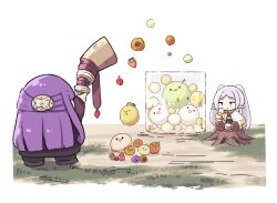 Rule 34 | 2girls, blue eyes, cantaloupe, capelet, cherry, chibi, closed eyes, closed mouth, commentary request, container, crossover, dekopon (fruit), earrings, elf, facing away, fern (sousou no frieren), food, frieren, fruit, gameplay mechanics, gold trim, grapes, grass, hand on own cheek, hand on own face, highres, jewelry, long hair, long sleeves, magic, melon, multiple girls, open mouth, outdoors, parted bangs, peach, persimmon, pineapple, pointy ears, purple hair, ry (pitamin5), sitting, sitting on tree stump, smile, sousou no frieren, standing, straight hair, strawberry, suika game, tree stump, twintails, white capelet, white hair, wide shot