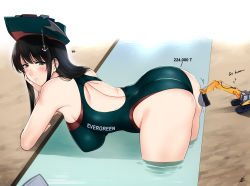 Rule 34 | 1girl, anchor ornament, ass, back, back cutout, bent over, black hair, blush, breasts, canal, clothing cutout, competition swimsuit, english text, ever given (evergreen), evergreen marine corporation, excavator, flying sweatdrops, giant, giantess, green eyes, green one-piece swimsuit, head rest, highres, impossible clothes, impossible swimsuit, large breasts, leaning forward, long hair, medium breasts, no, one-piece swimsuit, original, partially submerged, personification, stuck, swimsuit, weight, xter