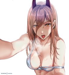 Rule 34 | + +, 1boy, 1girl, absurdres, areola slip, artist name, blush, bra, breasts, breath, chainsaw man, collarbone, commentary, cross-shaped pupils, demon horns, drooling, english commentary, eyes visible through hair, fangs, hair between eyes, head cha la, heavy breathing, highres, horns, light brown hair, long hair, looking at viewer, medium breasts, open mouth, orange eyes, outstretched arm, patreon username, power (chainsaw man), saliva, simple background, strap slip, sweatdrop, symbol-shaped pupils, tongue, tongue out, underwear, upper body, white background, white bra