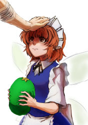 Rule 34 | 1girl, apron, bandages, brown eyes, brown hair, dress, extra, fairy maid (touhou), fairy wings, hand on another&#039;s head, hat, holding, holding clothes, holding hat, hong meiling, koyubi (littlefinger1988), maid headdress, pointy ears, scar, short hair, simple background, solo focus, touhou, unworn hat, unworn headwear, waist apron, wings
