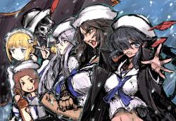 Rule 34 | 10s, 5girls, \n/, beer bottle, black eyes, black hair, black jacket, blonde hair, blouse, blue neckerchief, blunt bangs, bottle, commentary request, curly hair, cutlass (girls und panzer), dark-skinned female, dark skin, dixie cup hat, flag, flint (girls und panzer), fox shadow puppet, girls und panzer, grey hair, hat, hat feather, holding, holding microphone, jacket, jacket on shoulders, long hair, looking at viewer, looking to the side, maid headdress, microphone, military hat, moto murabito, multiple girls, murakami (girls und panzer), neckerchief, ogin (girls und panzer), open mouth, parted lips, pirate, reaching, red hair, rum (girls und panzer), school uniform, serafuku, shirt, short hair, skull and crossbones, smile, smoking pipe, snow, standing, traditional media, white hat, white shirt, yellow eyes