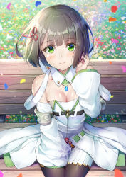 Rule 34 | 1girl, bench, black pantyhose, blunt bangs, blush, breasts, brown hair, cleavage, closed mouth, commentary request, detached collar, detached sleeves, dress, falling petals, flower, grass, green eyes, hair ribbon, hand in own hair, highres, long sleeves, looking at viewer, miyabi (xenoblade), novady, pantyhose, park bench, petals, ribbon, sitting, small breasts, smile, solo, white dress, xenoblade chronicles (series), xenoblade chronicles 3