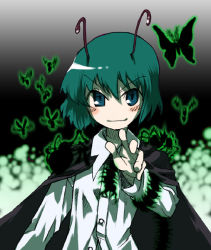 Rule 34 | 1girl, antennae, blush, bug, butterfly, cape, female focus, gengorou, gradient background, green eyes, green hair, insect, matching hair/eyes, short hair, solo, touhou, wriggle nightbug