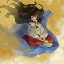 Rule 34 | 1girl, black hair, carpet, closed mouth, commentary request, detached sleeves, floating hair, flying, girl who trained on mt. haku (touhou), grey eyes, hair ribbon, hakama, hakama skirt, japanese clothes, kaigen 1025, kimono, long hair, long sleeves, miko, neck ribbon, portrait of exotic girls, red hakama, red ribbon, red skirt, ribbon, sitting, skirt, solo, touhou, very long hair, white kimono, white ribbon, wide sleeves