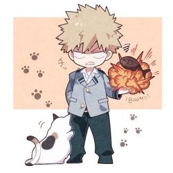 Rule 34 | 1boy, animal, arm behind back, bakugou katsuki, blank eyes, blonde hair, boku no hero academia, cat, clenched teeth, collared shirt, commentary request, explosion, fish, fish (food), full body, green pants, grey jacket, jacket, long sleeves, male focus, morino (ktdk 0141), pants, paw print, school uniform, shaded face, shirt, short hair, simple background, sound effects, spiked hair, standing, teeth, u.a. school uniform, white background, white cat