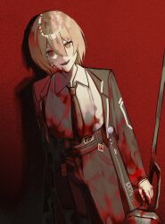 Rule 34 | 1girl, absurdres, black pants, blonde hair, blood, blood on clothes, blood on face, bloody weapon, collared shirt, don quixote (project moon), high-waist pants, highres, holding, holding weapon, lance, limbus company, looking at viewer, msx (mis4xi), necktie, open mouth, pants, polearm, project moon, red background, red necktie, shirt, short hair, simple background, smile, solo, weapon, white shirt, yellow eyes