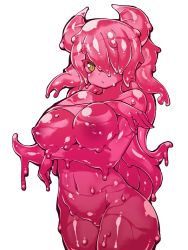 Rule 34 | 1girl, breasts, closed mouth, colored sclera, colored skin, cowboy shot, fukurou (owl222), hair over one eye, highres, horns, large breasts, long hair, looking at viewer, monster girl, navel, nipples, nude, one eye covered, original, pink hair, pink sclera, pink skin, simple background, slime girl, solo, standing, tentacle hair, white background, yellow eyes