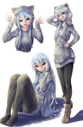 Rule 34 | 1girl, :p, absurdres, adjusting hair, animal hood, ankle boots, arm behind head, arm up, black pantyhose, blue eyes, boots, brown footwear, cat hood, claw pose, commentary request, cropped torso, dress, fang, flint (girls und panzer), frown, girls und panzer, grey dress, hand on own hip, highres, hood, hood down, hood up, hooded dress, kakimoto nao, leaning back, legs, long hair, long sleeves, looking at viewer, multiple views, no shoes, open mouth, panties, panties under pantyhose, pantyhose, shadow, silver hair, simple background, sitting, skin fang, smile, standing, sweater, sweater dress, tongue, tongue out, underwear, v-shaped eyebrows, w arms, white background