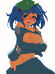 Rule 34 | 1girl, bad id, bad pixiv id, bare shoulders, blue eyes, blue hair, blush, breast hold, breasts, collarbone, crossed arms, female focus, groin, hair bobbles, hair ornament, hat, highres, kawashiro nitori, looking at viewer, matching hair/eyes, navel, nipples, no bra, no panties, off shoulder, open clothes, open shirt, ryuutansai, shirt, short hair, small breasts, solo, tears, touhou, twintails, two side up, wardrobe malfunction