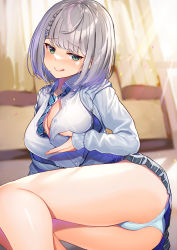 Rule 34 | 1girl, :q, ass, blue necktie, blush, braid, breasts, cleavage, collared shirt, commentary request, drawstring, feet out of frame, green eyes, hand on own chest, hololive, jacket, kibanda gohan, leaning back, licking lips, long sleeves, looking at viewer, loose necktie, miniskirt, necktie, open clothes, open jacket, panties, partially unbuttoned, pleated skirt, shirogane noel, shirogane noel (school uniform), shirt, short hair, sidelocks, sitting, skirt, sleeves past wrists, solo, striped necktie, sunlight, thighs, tongue, tongue out, underwear, virtual youtuber, white hair, white jacket, white panties, white shirt, zipper pull tab