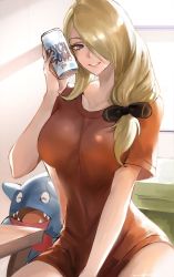 Rule 34 | 1girl, blonde hair, breasts, can, creatures (company), cynthia (pokemon), game freak, gen 4 pokemon, gible, grey eyes, grin, hair ornament, hair over one eye, highres, holding, holding can, large breasts, long hair, looking at viewer, nintendo, pokemon, pokemon (creature), pokemon dppt, red shirt, shirt, short sleeves, smile, tommy (kingdukeee)