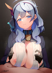 Rule 34 | 1boy, 1girl, absurdres, akinoji (akiponpon27), ako (blue archive), bell, black gloves, blue archive, blue eyes, blue hair, blue hairband, breasts, breasts squeezed together, buttons, covered erect nipples, cowbell, double-breasted, earrings, gloves, hair between eyes, hairband, half gloves, halo, highres, jewelry, large breasts, long hair, neck bell, nipple slip, nipples, paizuri, penis, shirt, white shirt
