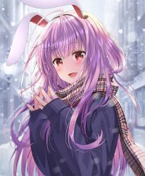 Rule 34 | 1girl, :d, animal ears, black sweater, blurry, blurry background, blush, brown scarf, building, commentary request, day, depth of field, fingernails, hair between eyes, hands up, lamppost, long hair, long sleeves, looking at viewer, open mouth, outdoors, plaid, plaid scarf, purple hair, rabbit ears, red eyes, reisen udongein inaba, scarf, sleeves past wrists, smile, snow, snowing, solo, steepled fingers, sweater, touhou, upper body, yuuka nonoko