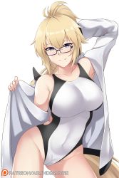Rule 34 | 1girl, armpits, arms up, aslindsamure, beach, blonde hair, breasts, cleavage, competition swimsuit, cowboy shot, fate/grand order, fate (series), glasses, hair between eyes, highres, jacket, jeanne d&#039;arc (fate), jeanne d&#039;arc (ruler) (fate), jeanne d&#039;arc (swimsuit archer) (fate), large breasts, leaning to the side, legs apart, long hair, one-piece swimsuit, parted bangs, ponytail, skindentation, solo, standing, swimsuit, swimsuit under clothes, thighs, very long hair, whistle, white one-piece swimsuit, zipper