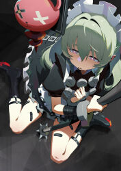 Rule 34 | 1girl, absurdres, apron, bandaid on thigh, black dress, black footwear, corin wickes, dress, from above, full body, green hair, highres, holding, holding weapon, long hair, maid headdress, parted lips, pink eyes, puffy short sleeves, puffy sleeves, short sleeves, sitting, solo, twintails, wariza, waterkuma, weapon, white apron, zenless zone zero