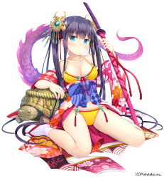 Rule 34 | 1girl, absurdres, arm support, arm up, bare shoulders, bikini, black hair, blue eyes, blush, breasts, cleavage, collarbone, company name, eyebrows, floral print, full body, gem, hair ornament, highres, holding, holding weapon, japanese clothes, kimono, long hair, looking at viewer, namaru (summer dandy), official art, rope, sandals, sash, simple background, sitting, small breasts, socks, solo, string bikini, swimsuit, sword, tail, tassel, turtle, twintails, unmei no clan battle, very long hair, wariza, weapon, white background, yellow bikini