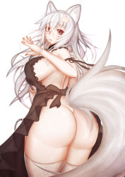 Rule 34 | 1girl, ai gon deroga, animal ears, apron, arm ribbon, ass, bad id, bad pixiv id, bare back, black apron, blush, bottomless, breasts, chain, collar, curvy, eyebrows, facial mark, flower, fox ears, fox tail, frilled apron, frills, from behind, glint, grey eyes, hair between eyes, hair flower, hair ornament, highres, huge ass, jewelry, large breasts, long hair, looking at viewer, looking back, naked apron, original, parted lips, ribbon, ring, sideboob, simple background, solo, tail, tears, thick thighs, thighhighs, thighs, wedding band, wedding ring, whisker markings, white background, white hair, white thighhighs, wide hips