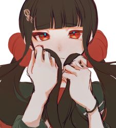 Rule 34 | 1girl, bad id, bad twitter id, bbjj 927, blunt bangs, brown hair, commentary request, danganronpa (series), danganronpa v3: killing harmony, frown, hair ornament, hair scrunchie, hairclip, hands up, harukawa maki, highres, holding, holding own hair, long hair, long sleeves, looking at viewer, low twintails, mole, mole under eye, mole under mouth, red eyes, red scrunchie, red shirt, scrunchie, shirt, simple background, sketch, solo, twintails