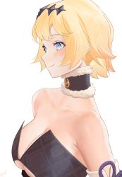 Rule 34 | 1girl, absurdres, bare shoulders, black dress, blonde hair, blue eyes, blush, breasts, cleavage, closed mouth, cosplay, detached collar, dress, eufrik, highres, hololive, hololive english, large breasts, looking away, ninomae ina&#039;nis, ninomae ina&#039;nis (cosplay), short hair, simple background, smile, solo, strapless, strapless dress, upper body, virtual youtuber, watson amelia, white background