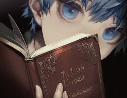 Rule 34 | 1boy, blue eyes, blue hair, book, covered mouth, eyelashes, fate/grand order, fate (series), fingernails, hair between eyes, hans christian andersen (fate), holding, holding book, koshika rina, looking at viewer, male focus, open book, short hair, solo