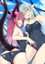 Rule 34 | 10s, 2girls, :d, aqua hair, ass, bare shoulders, blue eyes, blush, breasts, butt crack, competition school swimsuit, competition swimsuit, covered navel, elizabeth bathory (fate), elizabeth bathory (fate/extra ccc), fate/extra, fate/extra ccc, fate/grand order, fate (series), from behind, highres, horns, kiyohime (fate), long hair, looking at viewer, looking back, multiple girls, nebusoku, one-piece swimsuit, open mouth, pink hair, school swimsuit, smile, swimsuit, tail, yellow eyes