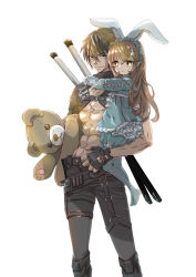 Rule 34 | 1boy, 1girl, abs, absurdres, animal ears, beargon227, belt pouch, bishounen, black pants, blue thighhighs, brown eyes, brown hair, rabbit hair ornament, carry me, frilled shirt, frills, hair between eyes, hair ornament, highres, looking at viewer, original, pajamas, pants, pouch, rabbit ears, sheath, sheathed, shirt, simple background, stuffed animal, stuffed toy, teddy bear, thighhighs, white background