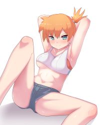 Rule 34 | 1girl, aqua eyes, armpits, arms behind head, blush, body blush, breasts, closed mouth, commentary request, creatures (company), game freak, hair tie, knees, looking at viewer, maidforge, medium breasts, misty (pokemon), navel, nintendo, orange hair, pokemon, pokemon lgpe, short hair, short shorts, shorts, sitting, solo, spread legs