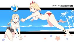 Rule 34 | 2girls, :o, ass, azur lane, back, bare legs, barefoot, beach volleyball, bikini, black choker, blonde hair, blue sky, bouncing breasts, braid, breasts, casual one-piece swimsuit, character name, choker, cleavage, collarbone, covered navel, crown braid, day, earrings, flower, french braid, full body, hair flower, hair ornament, highres, hood (azur lane), hood (lady of the shining sun) (azur lane), jewelry, kneeling, large breasts, leaning forward, long hair, low ponytail, midair, mismatched bikini, multicolored bikini, multicolored clothes, multiple girls, one-piece swimsuit, open mouth, outside border, outstretched arm, own hands together, palm tree, pendant, prince of wales (azur lane), prince of wales (sun shining upon windsor) (azur lane), red bikini, red eyes, red ribbon, ribbon, shigino sohuzi, short hair, sideboob, single braid, single earring, single hair intake, skin tight, sky, swimsuit, tareme, thigh strap, tree, v-shaped eyebrows, v arms, white bikini