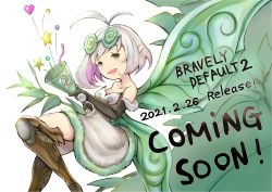 Rule 34 | 1girl, antenna hair, artist request, bare shoulders, black gloves, boots, bravely default: fairy&#039;s effect, bravely default (series), breasts, brown footwear, brown thighhighs, cleavage, dress, elbow gloves, eyewear on head, fairy, fairy wings, fur trim, glasses, gloves, green eyes, heart, highres, knee up, official art, open mouth, party popper, pointy ears, rinne (bravely default), short hair, silver hair, smile, solo, star (symbol), strapless, strapless dress, thigh boots, thighhighs, thighs, white dress, wings