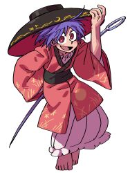 Rule 34 | 1girl, :d, absurdres, ahoge, barefoot, black sash, bowl, bowl hat, commentary, eddybird55555, full body, hand on headwear, hat, highres, japanese clothes, kimono, long sleeves, mini person, minigirl, needle, needle sword, obi, open mouth, purple eyes, red eyes, red kimono, sash, short hair, simple background, smile, solo, sukuna shinmyoumaru, touhou, white background, wide sleeves