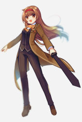 Rule 34 | 1girl, black pants, black vest, blouse, blush, brooch, brown coat, brown eyes, brown footwear, brown hair, coat, collared shirt, dot nose, full body, gem, grey background, hair between eyes, hair blowing, hairband, highres, holding, holding sword, holding weapon, jewelry, library of ruina, long coat, long hair, long sleeves, looking at viewer, malkuth (project moon), neck ribbon, open clothes, open coat, open mouth, pants, project moon, red hairband, ribbon, shirt, shoes, simple background, solo, sword, vest, weapon, white shirt, willitansov2, wind