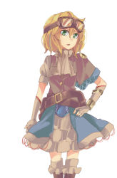 Rule 34 | 1girl, adapted costume, aoi kujira, blonde hair, goggles, goggles on head, green eyes, hand on own hip, mizuhashi parsee, pointy ears, scarf, short hair, solo, touhou