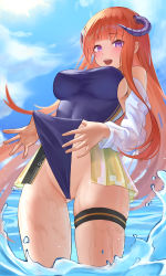 Rule 34 | 1girl, absurdres, arknights, bagpipe (arknights), bare shoulders, blush, breasts, cameltoe, clothes pull, detached sleeves, dragon horns, gluteal fold, highres, horns, jixo (user nzhc8728), large breasts, long hair, long sleeves, looking at viewer, medium breasts, ocean, one-piece swimsuit, one-piece swimsuit pull, open mouth, orange hair, purple eyes, pussy, pussy peek, sideboob, solo, swimsuit, thigh strap, thighs, very long hair, wading, wet