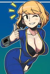 Rule 34 | 1girl, ;d, ^^^, black bra, black eyes, blonde hair, blush, bra, breasts, cleavage, fallout (series), highres, large breasts, masgamjya, mob face, one eye closed, open clothes, open mouth, short hair, simple background, smile, solid oval eyes, solo, thumbs up, underwear, vault girl, vault suit