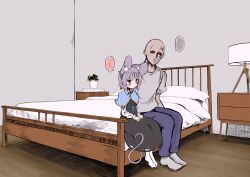 Rule 34 | ..., 1boy, 1girl, absurdres, animal ears, bald, bed, blue pants, blush, breasts, commentary request, crystal, drawer, faceless, faceless male, full body, ginger ale (syouga 6383), grey hair, grey shirt, grey skirt, grey vest, hair between eyes, hetero, highres, indoors, jewelry, lamp, layered clothes, long sleeves, mouse ears, mouse girl, mouse tail, nazrin, on bed, pants, pendant, plant, potted plant, shirt, short hair, sitting, skirt, skirt set, small breasts, socks, spoken ellipsis, tail, touhou, vest, white shirt, white socks