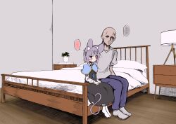 ... 1boy 1girl absurdres animal_ears bald bed blue_pants blush breasts commentary_request crystal drawer faceless faceless_male full_body ginger_ale_(syouga_6383) grey_hair grey_shirt grey_skirt grey_vest hair_between_eyes hetero highres indoors jewelry lamp layered_clothes long_sleeves mouse_ears mouse_girl mouse_tail nazrin on_bed pants pendant plant potted_plant shirt short_hair sitting skirt skirt_set small_breasts socks spoken_ellipsis tail touhou vest white_shirt white_socks