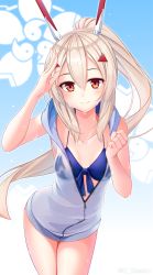 Rule 34 | 1girl, arm up, ayanami (azur lane), azur lane, bare arms, bare shoulders, bikini, blue bikini, breasts, breasts apart, brown hair, closed mouth, collarbone, commentary request, cowboy shot, front-tie bikini top, front-tie top, hair between eyes, hair ornament, halterneck, headgear, highres, hood, hood down, leaning forward, long hair, looking at viewer, medium breasts, ponytail, red eyes, retrofit (azur lane), risemu (c liesem), salute, sleeveless, sleeveless jacket, smile, solo, standing, swimsuit, very long hair, wet