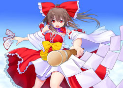 Rule 34 | 1girl, adapted costume, asamura hiori, bow, brown hair, detached collar, detached sleeves, female focus, gohei, hair bow, hair tubes, hakurei reimu, japanese clothes, miko, off shoulder, ofuda, open mouth, red eyes, skirt, smile, solo, touhou