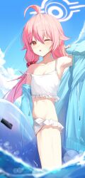 Rule 34 | 1girl, ahoge, arm up, armpits, bare shoulders, bikini, blue archive, blue jacket, breasts, camisole, cleavage, collarbone, crop top, frilled bikini, frills, gnns, hair bobbles, hair flaps, hair ornament, halo, highres, hoshino (blue archive), hoshino (swimsuit) (blue archive), inflatable toy, jacket, long hair, long sleeves, looking at viewer, low twintails, navel, off shoulder, official alternate costume, one eye closed, open clothes, open jacket, open mouth, orange eyes, pink hair, shirt, sleeveless, sleeveless shirt, small breasts, solo, spaghetti strap, stomach, strap slip, swimsuit, thighs, twintails, very long hair, wading, wet, white bikini, white shirt