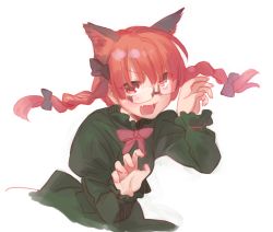 Rule 34 | animal ears, bespectacled, bow, braid, cat ears, extra ears, glasses, hair bow, kaenbyou rin, long sleeves, pine (pine-box), red eyes, red hair, simple background, smile, solo, touhou, twin braids, white background