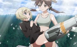 Rule 34 | 2girls, animal ears, blonde hair, blue eyes, blush, breasts, brown hair, carrying, dog ears, dog tail, erica hartmann, flying, gertrud barkhorn, grey sports bra, highres, looking at another, medium breasts, multiple girls, navel, open mouth, princess carry, small breasts, smile, sports bra, strike witches, tail, twintails, underwear, world witches series, yuri