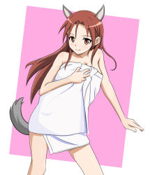 Rule 34 | 1girl, animal ears, blush, breasts, cleavage, closed mouth, collarbone, dog ears, dog tail, feet out of frame, large breasts, long hair, looking at viewer, minna-dietlinde wilcke, monousa, naked towel, red eyes, red hair, shiny skin, simple background, smile, solo, standing, strike witches, tail, towel, world witches series