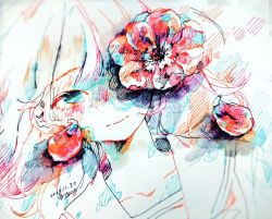 Rule 34 | 1girl, anemone (flower), aqua eyes, colorful, dated, flower, hatching (texture), looking at viewer, one eye covered, original, petals, portrait, red flower, sailor collar, signature, solo, traditional media, watanabe tomari