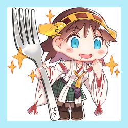 Rule 34 | 1girl, boots, border, brown hair, character name, chibi, commentary request, detached sleeves, drooling, flipped hair, fork, green border, green skirt, hairband, headgear, hiei (kancolle), kantai collection, leaning forward, lowres, open mouth, oversized object, plaid, plaid skirt, ribbon-trimmed sleeves, ribbon trim, saki (little crown), saliva, short hair, skirt, smile, solo, sparkle, thigh boots, thighhighs, two-tone background, white background