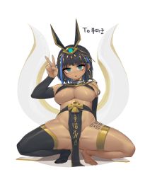 Rule 34 | 1girl, animal ears, areola slip, barefoot, black hair, black thighhighs, blue hair, blush, breasts, commission, detached sleeves, earrings, egyptian clothes, egyptian mythology, empty eyes, full body, green eyes, hair ornament, highres, jewelry, large breasts, multicolored hair, nose blush, original, parted lips, pelvic curtain, revealing clothes, sangobob, second-party source, set (mythology), shiny skin, short hair, single thighhigh, solo, spread legs, squatting, streaked hair, sweat, thighhighs, thighlet, underboob, v